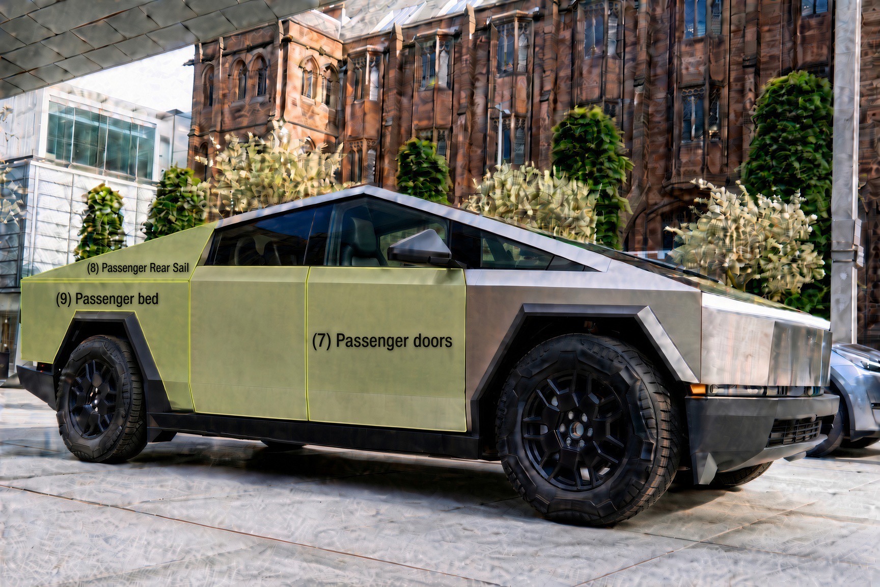 Cybertruck with the 11 ad panels outlined